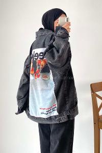 Modalamelif Önü Düğmeli Çift Cepli Sırt Baskılı Kot Ceket Füme