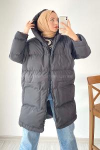 Modalamelif Önü Fermuarlı Şişme Mont Kapüşonlu Siyah