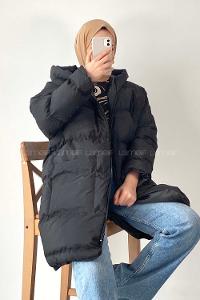 Modalamelif Önü Fermuarlı Şişme Mont Kapüşonlu Siyah