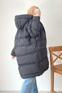 Modalamelif Önü Fermuarlı Şişme Mont Kapüşonlu Siyah