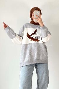 Modalamelif Renk Garnili Kartal Nakışlı Sweat Gri