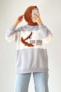 Modalamelif Renk Garnili Kartal Nakışlı Sweat Gri