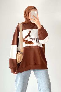 Modalamelif Renk Garnili Kartal Nakışlı Sweat Kahverengi