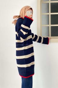 Modalamelif Çizgi Şeritli Garnili Triko Salaş Kazak Lacivert