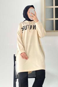 Modalamelif In Nature Yazı Baskılı Kapüşon Detaylı Uzun Tunik Krem