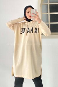 Modalamelif In Nature Yazı Baskılı Kapüşon Detaylı Uzun Tunik Krem