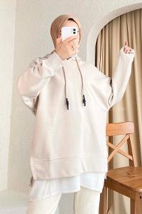 Modalamelif Etek Ucu Garnili Kapüşon Detaylı Yırtmaçlı Anabelle Sweat Bej