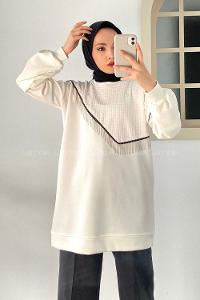 Modalamelif Bisiklet Yaka Püsküllü Kapitone Sweat Beyaz