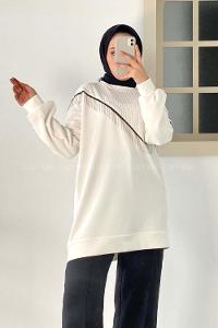 Modalamelif Bisiklet Yaka Püsküllü Kapitone Sweat Beyaz