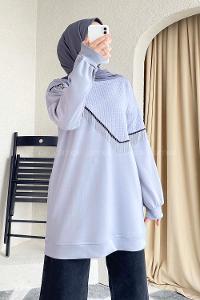 Modalamelif Bisiklet Yaka Püsküllü Kapitone Sweat Gri