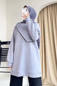 Modalamelif Bisiklet Yaka Püsküllü Kapitone Sweat Gri