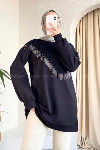 Black Hood Neck Long Arm Printed Sweatshirt