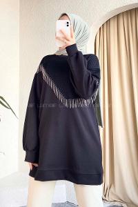 Black Hood Neck Long Arm Printed Sweatshirt