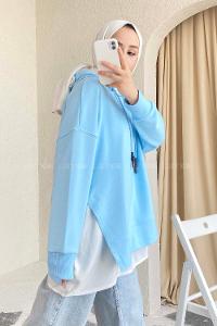 Modalamelif  Etek Ucu Garnili Kapüşon Detaylı Yırtmaçlı Anabelle Sweat Açık Mavi
