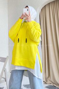 if Etek Ucu Garnili Kapüşon Detaylı Yırtmaçlı Anabelle Sweat Sarı