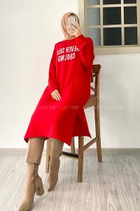 Modalamelif Never Self Coolıng Yazı Baskılı Uzun Tunik Kırmızı
