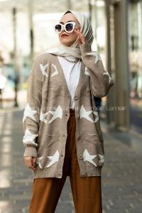 Modalamelif Önü Boydan Düğmeli  Yıldız Desenli Triko Hırka Vizon