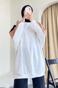 Modalamelif Yara_sa Kol Garnili Detaylı Salaş Sweat Ekru