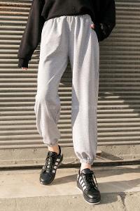 Gray Elastic Trousers Elastic Waist Regular Cut Bottom Tracksuit