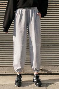 Gray Elastic Trousers Elastic Waist Regular Cut Bottom Tracksuit