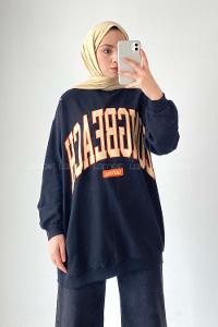 Modalamelif Bisiklet Yaka LONGBEACH  Yazı Baskılı Sweat Siyah