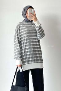 Modalamelif Çizgi Şeritli Desen Bisiklet Yaka Sweat Gri