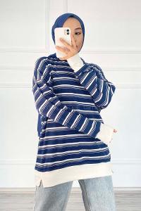 Modalamelif Çizgi Şeritli Desen Bisiklet Yaka Sweat Lacivert