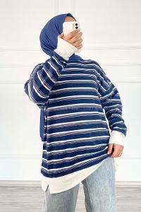 Modalamelif Çizgi Şeritli Desen Bisiklet Yaka Sweat Lacivert