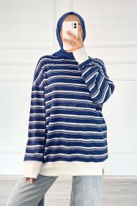 Modalamelif Çizgi Şeritli Desen Bisiklet Yaka Sweat Lacivert