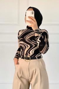 Lamelif Soyut Desen Body Siyah-Bej