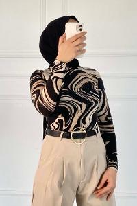 Lamelif Soyut Desen Body Siyah-Bej