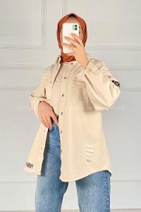 Modalamelif Önü Çıtçıt  Düğmeli Armalı Kot Ceket Taş Rengi