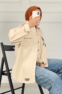 Modalamelif Önü Çıtçıt  Düğmeli Armalı Kot Ceket Taş Rengi