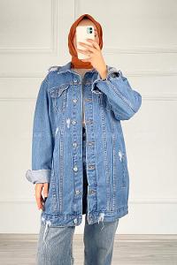 Modalamelif Yırtık Model Kot Ceket Açık Mavi