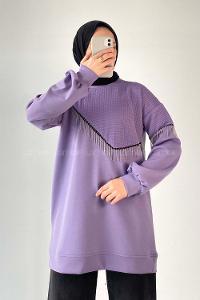 Modalamelif Bisiklet Yaka Püsküllü Kapitone Sweat Mor