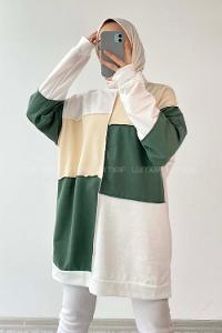 Modalamelif Bisiklet Yaka Renk Parça Garnili Detaylı Sweat Yeşil-Krem