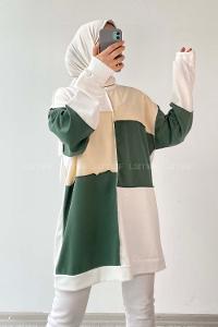 Modalamelif Bisiklet Yaka Renk Parça Garnili Detaylı Sweat Yeşil-Krem