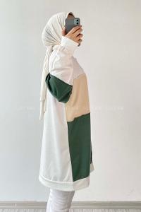 Modalamelif Bisiklet Yaka Renk Parça Garnili Detaylı Sweat Yeşil-Krem