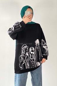 Modalamelif Bisiklet Yakalı Kız Baskılı Sweat Tunik Siyah