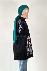 Modalamelif Bisiklet Yakalı Kız Baskılı Sweat Tunik Siyah