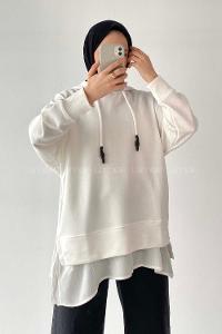 Modalamelif Etek Ucu Garnili Kapüşon Detaylı Yırtmaçlı Anabelle Sweat Beyaz
