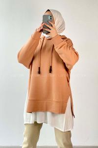 Modalamelif Etek Ucu Garnili Kapüşon Detaylı Yırtmaçlı Anabelle Sweat Sütlükahve