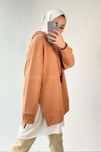 Modalamelif Etek Ucu Garnili Kapüşon Detaylı Yırtmaçlı Anabelle Sweat Sütlükahve