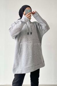 Modalamelif  Kanguru Cepli Uzun Sweatshirt Gri