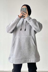 Modalamelif  Kanguru Cepli Uzun Sweatshirt Gri