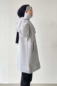 Modalamelif  Kanguru Cepli Uzun Sweatshirt Gri