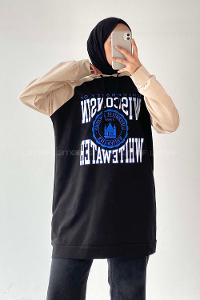 Modalamelif Kapüşonlu Yazı Baskılı Renk Garnili Detaylı Tunik Siyah-Krem