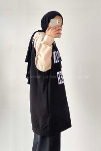 Modalamelif Kapüşonlu Yazı Baskılı Renk Garnili Detaylı Tunik Siyah-Krem