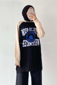 Modalamelif Kapüşonlu Yazı Baskılı Renk Garnili Detaylı Tunik Siyah-Krem