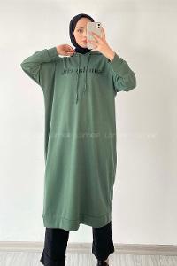 Modalamelif Sun Day Club Yazı Baskılı Kapüşonlu Tunik Pastel Yeşili